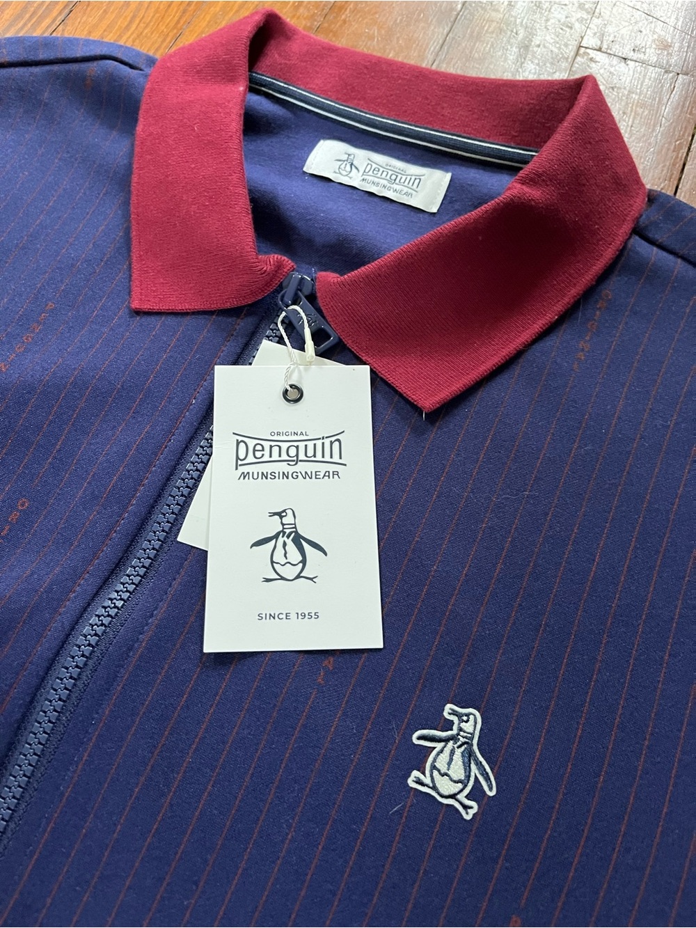 Original Penguin Men’s Navy Rhodonite Zip Jacket with Maroon Collar XL NWT $135